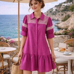 LaRoque Scout Cotton Shirt Mini Dress Magenta Pink Crochet Lace Size XL NWT